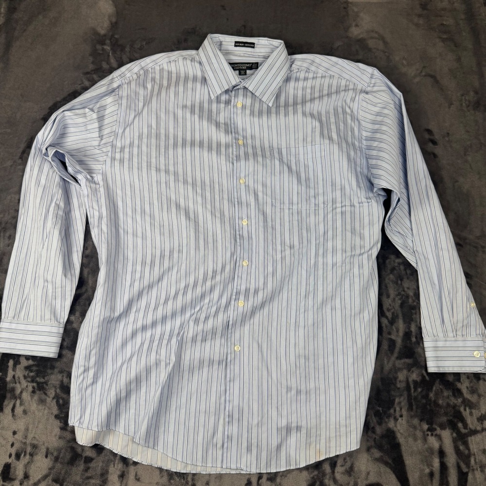 Pronto Uomo Dress Shirt Mens 17.5 36/37 Tall Blue Striped Non Iron Cotton